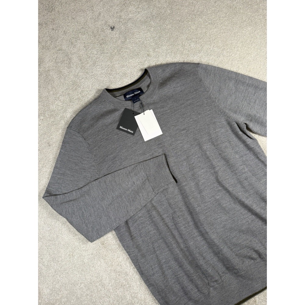Mizzen‎ + Main Mens Large Preston Crewneck Sweater Merino Woven Solid Gray New